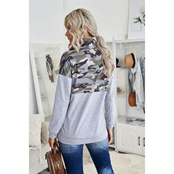 Aleumdr Women Quarter Zip Sweatshirt Casual Long Sleeve Autumn Winter Pullover Tops with Pockets Camo Splice Green Medium 8 10