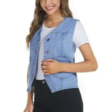 Ladyful Women's Sleeveless Denim Vest V Neck Button Down Jean Waistcoat Jacket