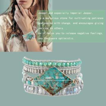 YGLINE Wrap Bracelets Crystal Beaded Bohemian Style Jasper Leather Woven Healing Stone Jewelry(Blue)