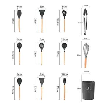 Silicone Cooking Utensils Set, 11 Pcs Black Silicone Cooking Utensils Set, Nonstick & 230°C Heat Re...
