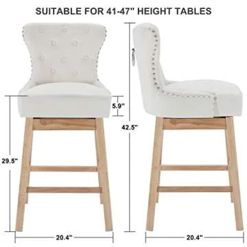 Tbfit Modern Bar Height Bar Stools, Tufted Upholstered Fabric Barstools with Ergonomic Backrest and Wooden Leg,360°Swivel Bar Stool Chair for Kitchen,Dining Room,29 Inches (2 Pack, Light Beige)
