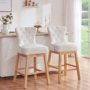 Tbfit Modern Bar Height Bar Stools, Tufted Upholstered Fabric Barstools with Ergonomic Backrest and Wooden Leg,360°Swivel Bar Stool Chair for Kitchen,Dining Room,29 Inches (2 Pack, Light Beige)