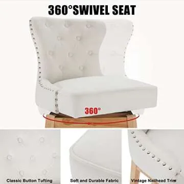 Tbfit Modern Bar Height Bar Stools, Tufted Upholstered Fabric Barstools with Ergonomic Backrest and Wooden Leg,360°Swivel Bar Stool Chair for Kitchen,Dining Room,29 Inches (2 Pack, Light Beige)