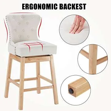 Tbfit Modern Bar Height Bar Stools, Tufted Upholstered Fabric Barstools with Ergonomic Backrest and Wooden Leg,360°Swivel Bar Stool Chair for Kitchen,Dining Room,29 Inches (2 Pack, Light Beige)
