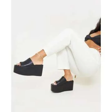 Minshluu Black Platform Slides Sandals for Women Wedges Backless Open Toe Slip on Summer Sandal