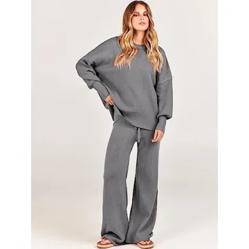 ANRABESS Women 2 Piece Outfits Oversized Chunky Knit Sweater Top Wide Leg Pants 2024 Fall Lounge Set Trendy Cozy Clothes Grey X-Large