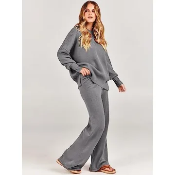 ANRABESS Women 2 Piece Outfits Oversized Chunky Knit Sweater Top Wide Leg Pants 2024 Fall Lounge Set Trendy Cozy Clothes Grey X-Large