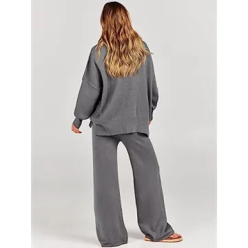 ANRABESS Women 2 Piece Outfits Oversized Chunky Knit Sweater Top Wide Leg Pants 2024 Fall Lounge Set Trendy Cozy Clothes Grey X-Large