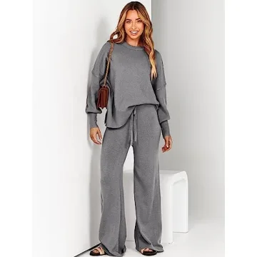ANRABESS Women 2 Piece Outfits Oversized Chunky Knit Sweater Top Wide Leg Pants 2024 Fall Lounge Set Trendy Cozy Clothes Grey X-Large