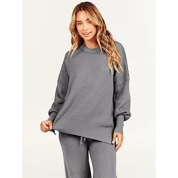 ANRABESS Women 2 Piece Outfits Oversized Chunky Knit Sweater Top Wide Leg Pants 2024 Fall Lounge Set Trendy Cozy Clothes Grey X-Large
