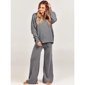 ANRABESS Women 2 Piece Outfits Oversized Chunky Knit Sweater Top Wide Leg Pants 2024 Fall Lounge Set Trendy Cozy Clothes Grey X-Large