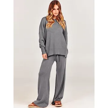 ANRABESS Women 2 Piece Outfits Oversized Chunky Knit Sweater Top Wide Leg Pants 2024 Fall Lounge Set Trendy Cozy Clothes Grey X-Large