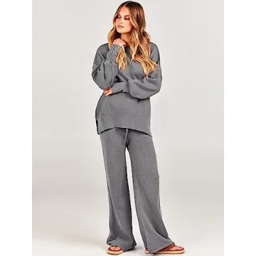 ANRABESS Women 2 Piece Outfits Oversized Chunky Knit Sweater Top Wide Leg Pants 2024 Fall Lounge Set Trendy Cozy Clothes Grey X-Large