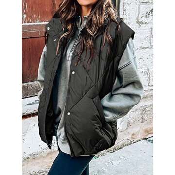 MEROKEETY Puffer Vest for Women Lightweight Fall Snap Button Quilted Jacket Coat with Pockets,Black,M