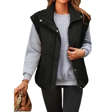 MEROKEETY Puffer Vest for Women Lightweight Fall Snap Button Quilted Jacket Coat with Pockets,Black,M