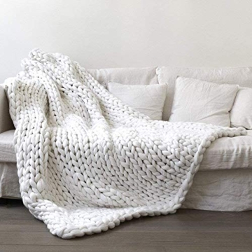 Chunky Knit Blanket Merino Wool Hand Made Throw Boho Bedroom Home Decor Giant Yarn (4040in(100100cm), White)