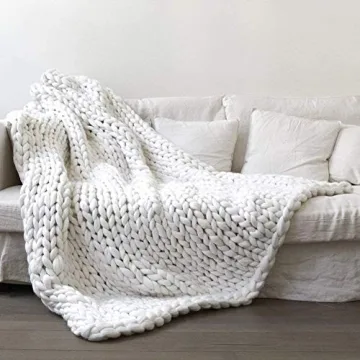 Chunky Knit Blanket Merino Wool Hand Made Throw Boho Bedroom Home Decor Giant Yarn (4040in(100100cm), White)