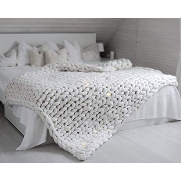 Chunky Knit Blanket Merino Wool Hand Made Throw Boho Bedroom Home Decor Giant Yarn (4040in(100100cm), White)
