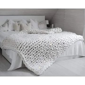 Chunky Knit Blanket Merino Wool Hand Made Throw Boho Bedroom Home Decor Giant Yarn (4040in(100100cm), White)
