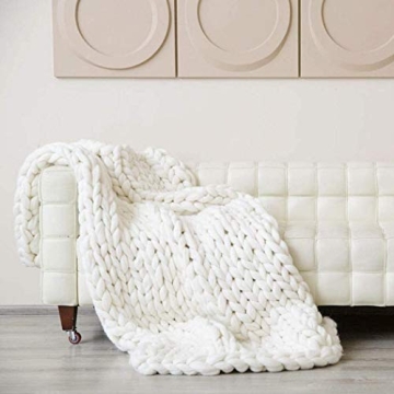 Chunky Knit Blanket Merino Wool Hand Made Throw Boho Bedroom Home Decor Giant Yarn (4040in(100100cm), White)
