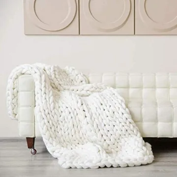 Chunky Knit Blanket Merino Wool Hand Made Throw Boho Bedroom Home Decor Giant Yarn (4040in(100100cm), White)