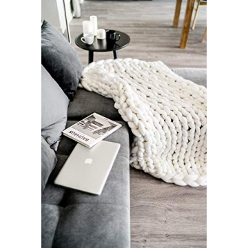 Chunky Knit Blanket Merino Wool Hand Made Throw Boho Bedroom Home Decor Giant Yarn (4040in(100100cm), White)