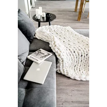 Chunky Knit Blanket Merino Wool Hand Made Throw Boho Bedroom Home Decor Giant Yarn (4040in(100100cm), White)