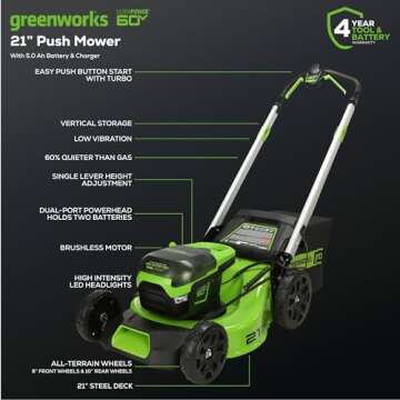 Greenworks 60V 21” Cordless (Push) Lawn Mower (LED Lights + Aluminum Handles), 5.0Ah Battery and R...