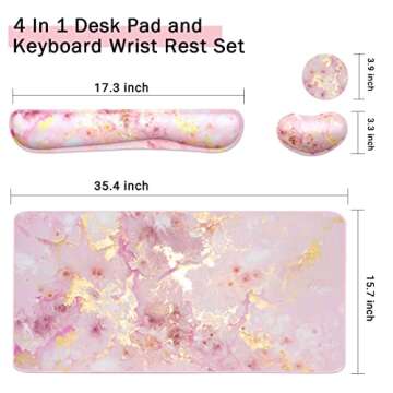 Keyboard Mouse Pad Set, Extended Mouse Pad+Keyboard Wrist Rest Support, Memory Foam Ergonomic Easy Typing, 3Pcs (35.4×15.7 in) Desk Pad Set for Home Office Study Game- Pink Gold Marble