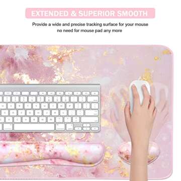 Keyboard Mouse Pad Set, Extended Mouse Pad+Keyboard Wrist Rest Support, Memory Foam Ergonomic Easy Typing, 3Pcs (35.4×15.7 in) Desk Pad Set for Home Office Study Game- Pink Gold Marble
