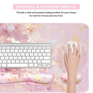 Keyboard Mouse Pad Set, Extended Mouse Pad+Keyboard Wrist Rest Support, Memory Foam Ergonomic Easy Typing, 3Pcs (35.4×15.7 in) Desk Pad Set for Home Office Study Game- Pink Gold Marble
