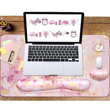 Keyboard Mouse Pad Set, Extended Mouse Pad+Keyboard Wrist Rest Support, Memory Foam Ergonomic Easy Typing, 3Pcs (35.4×15.7 in) Desk Pad Set for Home Office Study Game- Pink Gold Marble