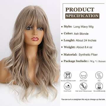 Esmee Blonde Ash Gray Long Wigs - Heat Resistant Synthetic Cosplay Wig with Bangs