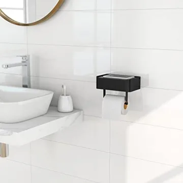 Stainless Steel Toilet Paper Holder with Shelf - Matte Black