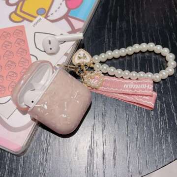 ZHIRUAN Case for Airpods Case Earbuds Case Protective Cover Skin with Pearl Keychain Airpods Accessories Compatible with AirPods Charging Case 2 & 1 (Pink)