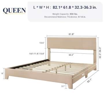Allewie Queen Size Bed Frame with Adjustable Headboard, Upholstered Platform Bed with Wood Slats, He...