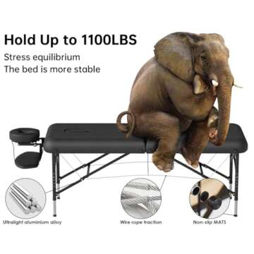 CLORIS 84" Professional Massage Table Portable 2 Folding Lightweight Facial Solon Spa Tattoo Bed Height Adjustable with Carrying Bag & Aluminium Leg Hold Up to 1100LBS