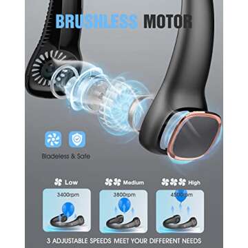 Bladeless Neck Fan, Portable, Rechargeable, Personal and Hands Free Around the Neck Fan, 3 Speeds 4000mAh Battery Operated Wearable Cooling USB Hanging Fan for Office, Travel, Outdoor