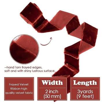 HUIHUANG Rust Red Velvet Ribbon 2 inch Handmade Fringe Ribbon Frayed Silk Velvet Ribbon for Flower B...