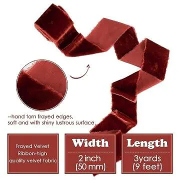 HUIHUANG Rust Red Velvet Ribbon 2 inch Handmade Fringe Ribbon Frayed Silk Velvet Ribbon for Flower B...