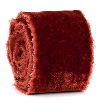 HUIHUANG Rust Red Velvet Ribbon 2 inch Handmade Fringe Ribbon Frayed Silk Velvet Ribbon for Flower Bouquet, Gift Wrapping, Invitations, Holiday Christmas Decor, Wedding Bridal Shower Decor-3 Yards