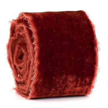 HUIHUANG Rust Red Velvet Ribbon 2 inch Handmade Fringe Ribbon Frayed Silk Velvet Ribbon for Flower Bouquet, Gift Wrapping, Invitations, Holiday Christmas Decor, Wedding Bridal Shower Decor-3 Yards