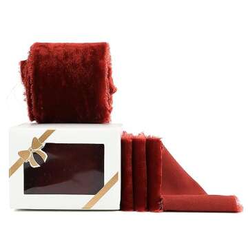 HUIHUANG Rust Red Velvet Ribbon 2 inch Handmade Fringe Ribbon Frayed Silk Velvet Ribbon for Flower Bouquet, Gift Wrapping, Invitations, Holiday Christmas Decor, Wedding Bridal Shower Decor-3 Yards