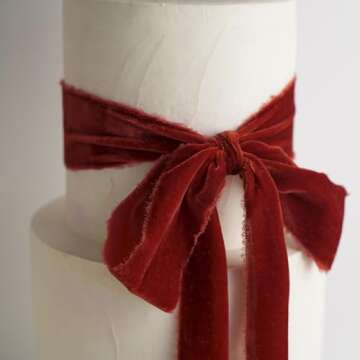 HUIHUANG Rust Red Velvet Ribbon 2 inch Handmade Fringe Ribbon Frayed Silk Velvet Ribbon for Flower Bouquet, Gift Wrapping, Invitations, Holiday Christmas Decor, Wedding Bridal Shower Decor-3 Yards