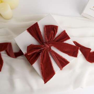 HUIHUANG Rust Red Velvet Ribbon 2 inch Handmade Fringe Ribbon Frayed Silk Velvet Ribbon for Flower Bouquet, Gift Wrapping, Invitations, Holiday Christmas Decor, Wedding Bridal Shower Decor-3 Yards