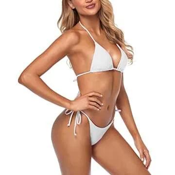 Tainehs Women's Sexy Halter Thong Bikini Tie Two Sides Bottom Triangle Bikini Swimsuits White
