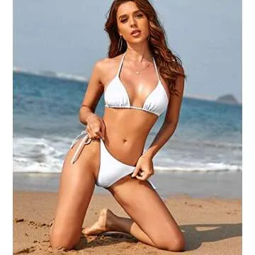 Tainehs Women's Sexy Halter Thong Bikini Tie Two Sides Bottom Triangle Bikini Swimsuits White