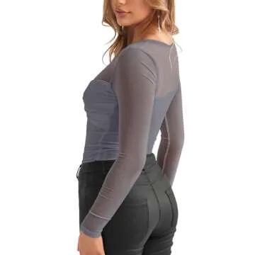 REORIA Women's Fall Sexy Round Neck Front Twist Knot Long Sleeve Sheer Mesh Slimming Ruched Trendy G...