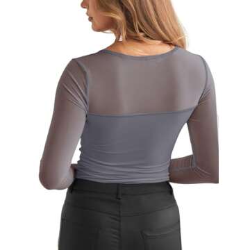 REORIA Women's Fall Sexy Round Neck Front Twist Knot Long Sleeve Sheer Mesh Slimming Ruched Trendy Going Out Bodysuit Tops for Night Out Deep Grey Small