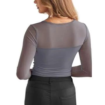 REORIA Women's Fall Sexy Round Neck Front Twist Knot Long Sleeve Sheer Mesh Slimming Ruched Trendy Going Out Bodysuit Tops for Night Out Deep Grey Small